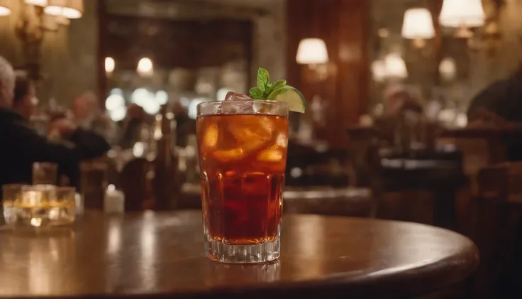 a drink at a table in classic vintage restaurant very elegant jazz style 8k cinematic neon lights in the background