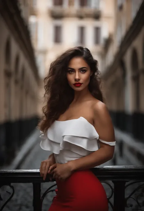 Photograph of a beautiful Latin girl, dans la ville, porter un haut noir, jouissant, fille, 夏天, fille chaude, (((very heavy bust))), cheveux bruns, long_cheveux, red lips, Look into the camera, symmetrical face, photoreallistic, photographie, Spectacular l...