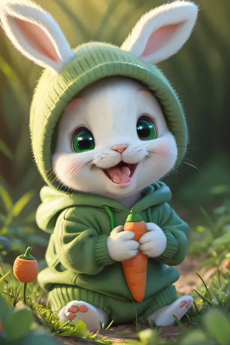 little cute milo bunny wearing a green hoodie mouth open about to bite a carrot, cartoon character, bright lighting, vivid colors, in the forest, disney and pixar style, tilted head showing curiosity,