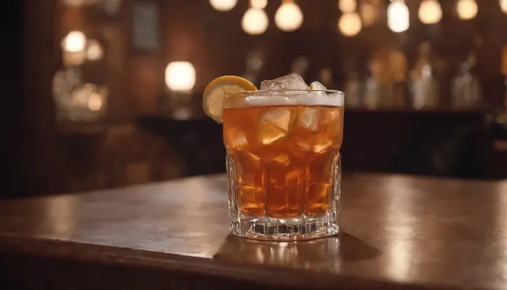 a drink at a table in classic vintage restaurant very elegant jazz style 8k cinematic neon lights in the background