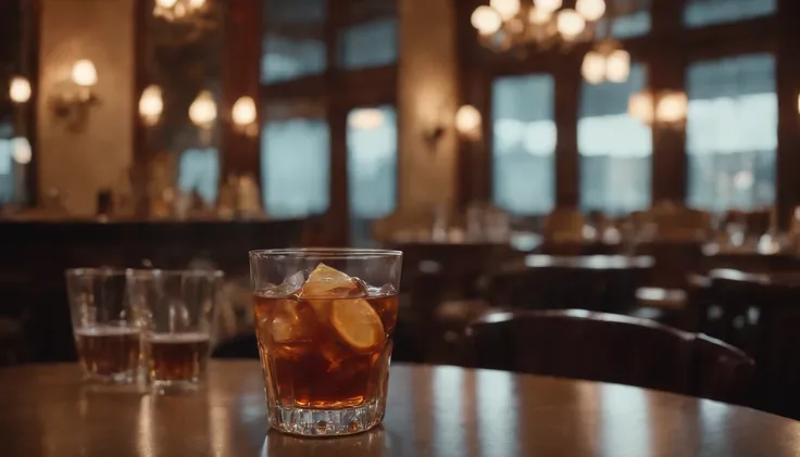 a drink at a table in classic vintage restaurant very elegant jazz style 8k cinematic neon lights in the background