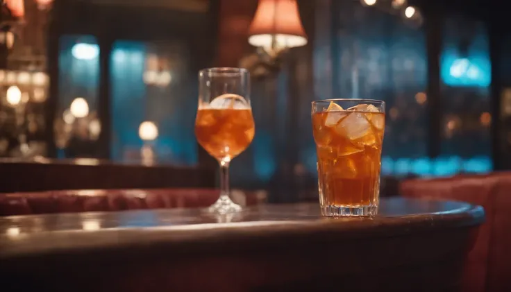 a drink at a table in classic vintage restaurant very elegant jazz style 8k cinematic neon lights in the background