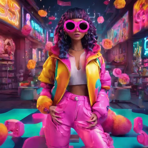 In a whimsical kawaii cafe, Kitten Fluffy, crafted from highly detailed curling, thin glowing multi-colored smoke, dons a rose flower hoodie and fancy funny stylish giant shiny sunglasses. Against a backdrop of vibrant neon typography spelling VIKUSIA, FAI...