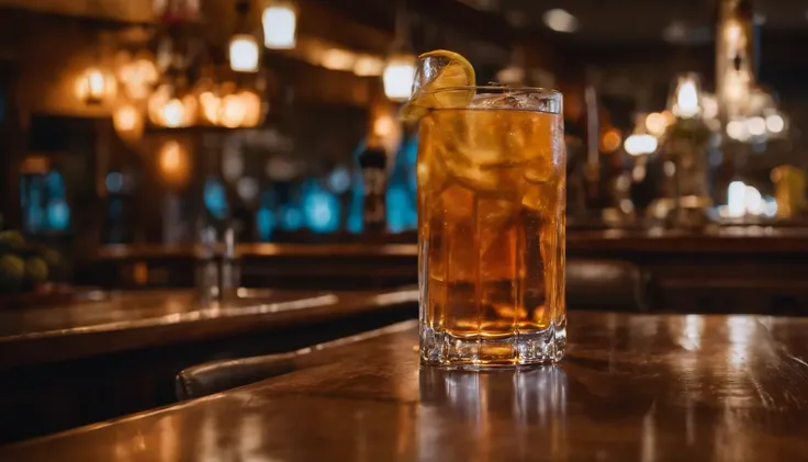 a drink at a table in classic vintage restaurant very elegant jazz style 8k cinematic neon lights in the background