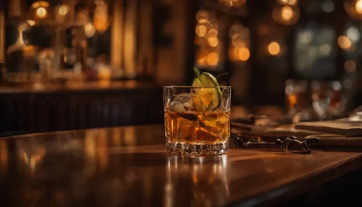 a drink at a table in classic vintage restaurant very elegant jazz style 8k cinematic neon lights in the background