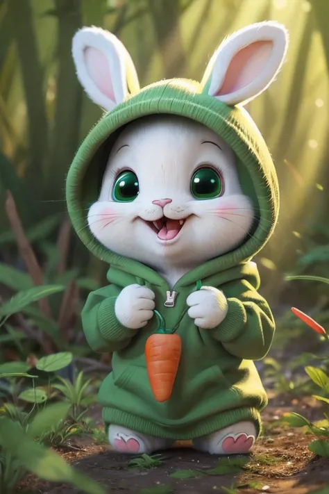 little cute milo bunny wearing a green hoodie mouth open about to bite a carrot, cartoon character, bright lighting, vivid colors, in the forest, disney and pixar style, tilted head showing curiosity,