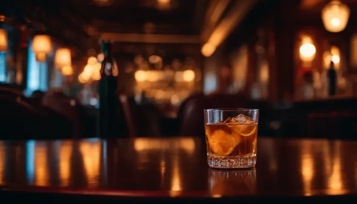 a drink at a table in classic vintage restaurant very elegant jazz style 8k cinematic neon lights in the background