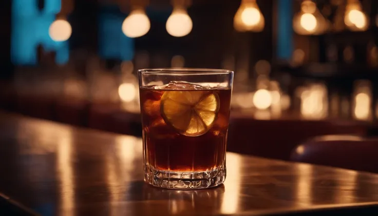 a drink at a table in classic vintage restaurant very elegant jazz style 8k cinematic neon lights in the background