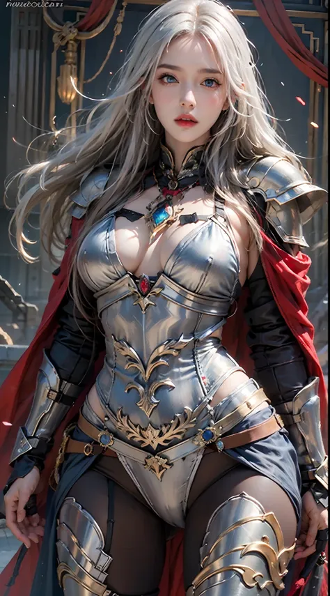 photorealistic, high resolution, soft lights, 1women, solo, hips up, blue eyes, full armor, red armor, cloak