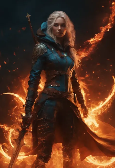 masterpiece, Rogue assassin girl, wearing a hood, blonde hair, shrouded in shadows, holding a flaming dagger in each hand, vibrant glowing abyssal colors, entirely in frame, FULL BODY, radiating electrical energy, shoulder length messy hair, Full body, Bea...