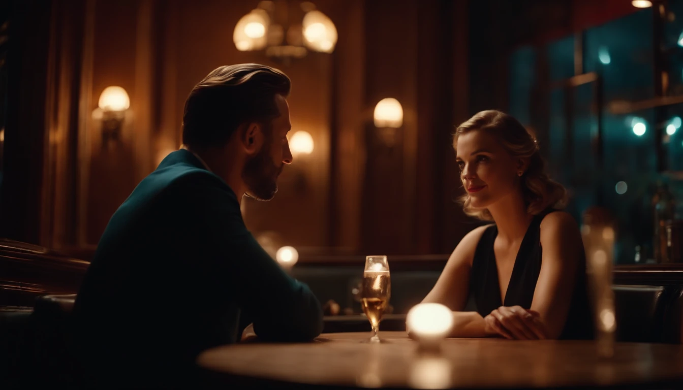 a couple at a table in classic vintage restaurant very elegant jazz style 8k cinematic neon lights in the background