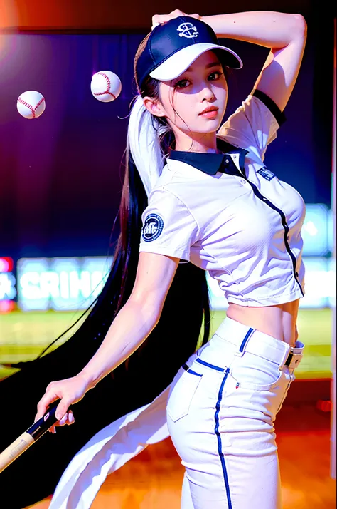 ((White cotton baseball uniform)),((White cotton baseball uniform)),((White cotton baseball uniform)),((White baseball uniform)),((Tight baseball uniforms)),(((ssmile:1.0, laughingly:1.0 ))), 1girll, Solo, Makeup, A high resolution, huge tit:1.4, looking a...