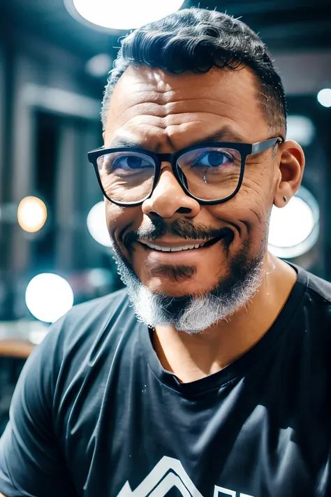 guttoepic2, Criar uma fotografia estilo documento 3x4. Chest up portrait of a man wearing glasses, com um sorriso sutil, body and gaze facing the camera, vestindo uma camiseta listrada horizontalmente com todas as 7 cores, muito colorido. fundo preto, and ...