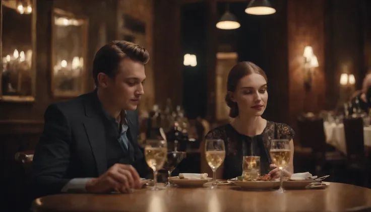 a couple at a table in classic vintage restaurant very elegant jazz style 8k cinematic neon lights in the background