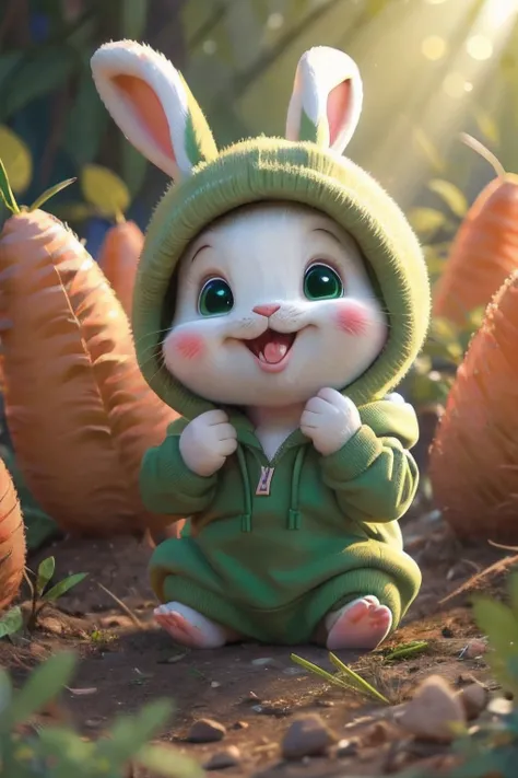 little cute milo bunny wearing a green hoodie mouth open about to bite a carrot, cartoon character, bright lighting, vivid colors, in the forest, disney and pixar style, tilted head showing curiosity,