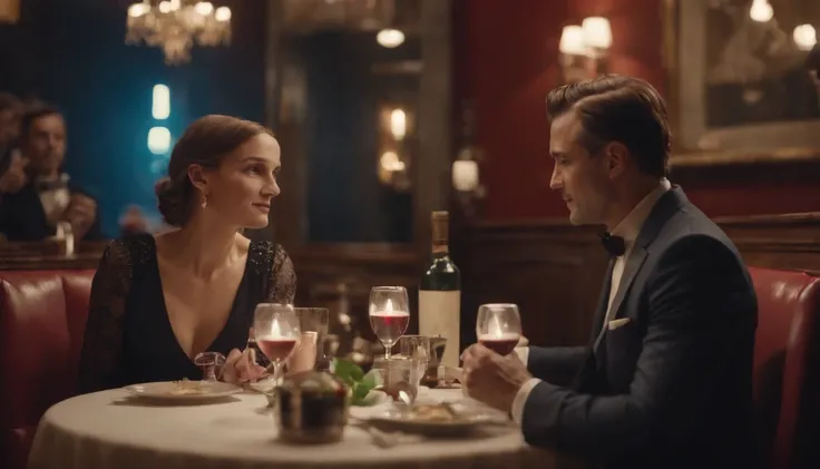 a couple at a table in classic vintage restaurant very elegant jazz style 8k cinematic neon lights in the background