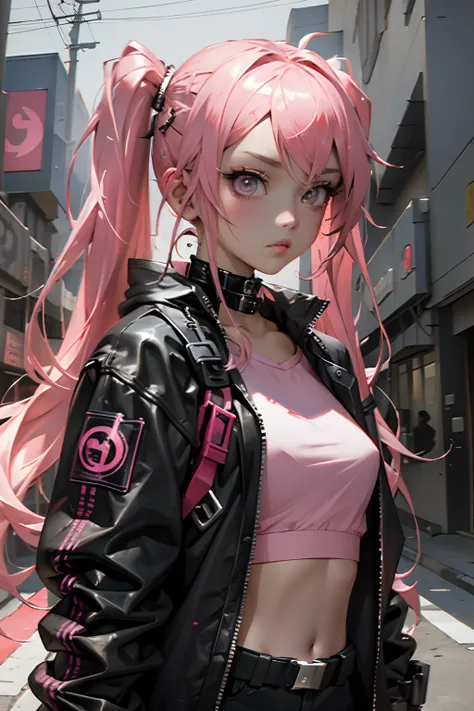 Beautiful woman pink twin tail long hair、cyberpunk style short clothes、gazing at viewer、front facing、