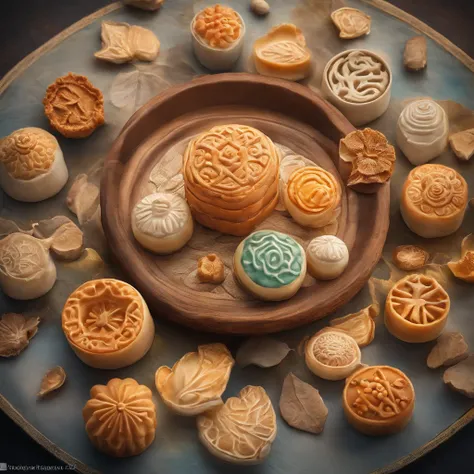 A plate of mooncakes on a round paper tube, craters，meteorite，There is a crater on the mooncake，Mooncake， Sternacht, Thick fog on the ground, Blue light on the horizon, Unreal Engine 5, cinematic ligh, low angle photography, Motion blur, Depth of field,, u...