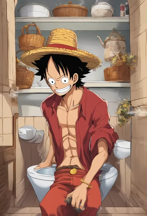 Theres a man with a hat and a big nose sitting in a toilet inspired by Eiichiro Oda, from one piece, Estilo Eiichiro Oda, Luffy (one piece, Estilo de Eiichiro Oda, 🌻🎹🎼, Nicholas Cage como Macaco D Luffy, oda non, Estilo One Piece, em um anime, Directed by:...