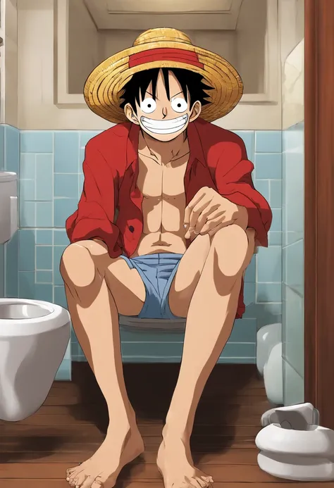 Theres a man with a hat and a big nose sitting in a toilet inspired by Eiichiro Oda, from one piece, Estilo Eiichiro Oda, Luffy (one piece, Estilo de Eiichiro Oda, 🌻🎹🎼, Nicholas Cage como Macaco D Luffy, oda non, Estilo One Piece, em um anime, Directed by:...