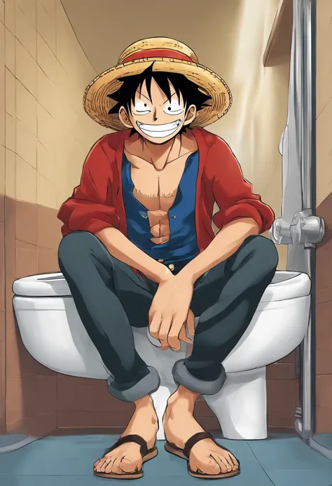 Theres a man with a hat and a big nose sitting in a toilet inspired by Eiichiro Oda, from one piece, Estilo Eiichiro Oda, Luffy (one piece, Estilo de Eiichiro Oda, 🌻🎹🎼, Nicholas Cage como Macaco D Luffy, oda non, Estilo One Piece, em um anime, Directed by:...