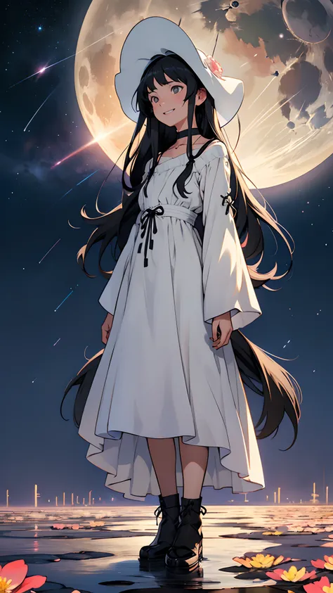 Miyazaki Hayao style,Miyazaki Hayao style,Moonbeams,Full Body Portrait,Nightography,Full Length Shot(FLS), little girl,dawn,meteor shower,flower sea,partially colored,whitedress,Black headwear,beautiful detailed eyes,grey eyes,looking away,laughing,long ha...