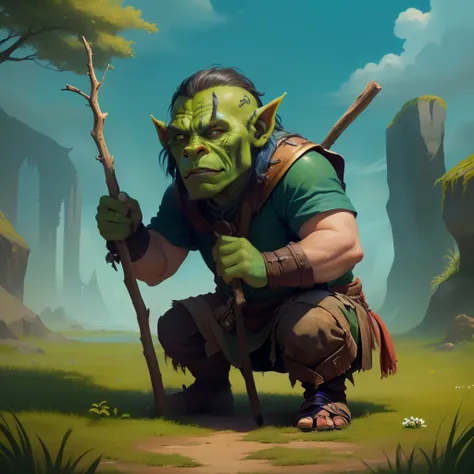 A small, weak orc with a stick in his hands