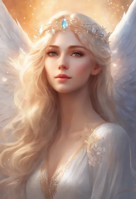 A beautyful girl，Sparkling white wings like an angel and blonde hair