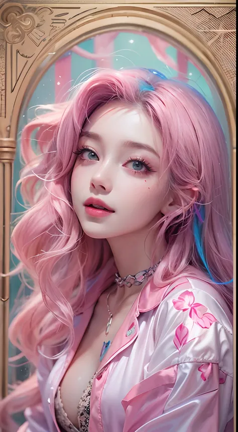 1girll,（Captivating quality：1.4），（True textured skins of the highest quality), Delicate face,Pink twin-tailed hair, Gradient Hair, （perfect bodies：1.1），Heart-shaped choker、long eyelasher,grin, hyperphotorealism, Cinematic lighting, projected inset, surreal...