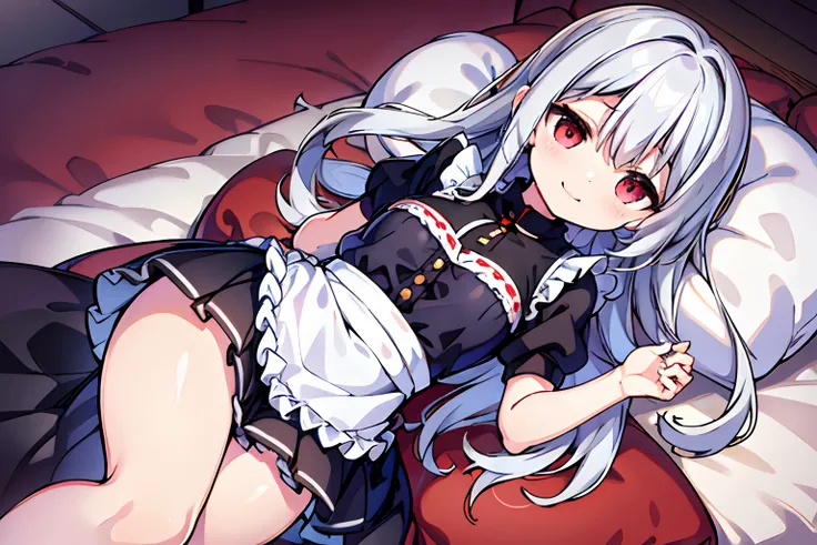 Silver-haired woman,Red Eyes,cute little,A smile,maid clothes,Whole body,adolable,frilld,Long hair,white backgrounid,a miniskirt,futon bedding,co-sleeping