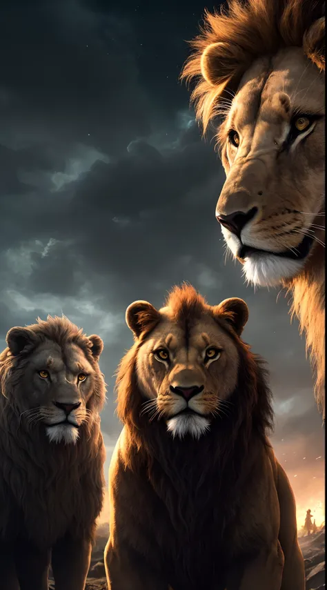 Close-up portrait of a lion, a bear and a rabbit, humanoids and heroes, in an apocalyptic setting with an alien, cinematic, ethereal lighting, dark and cloudy night, intricate pose and composition