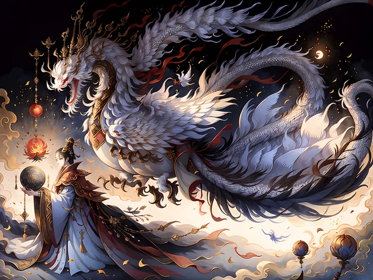 A female emperor, ancient Chinese imperial robe, majestic domineering, dragon flying phoenix dance, sunshine, clear face, clean white background, masterpiece, super detail, epic composition, ultra hd, high quality, extremely detailed, official art, uniform...