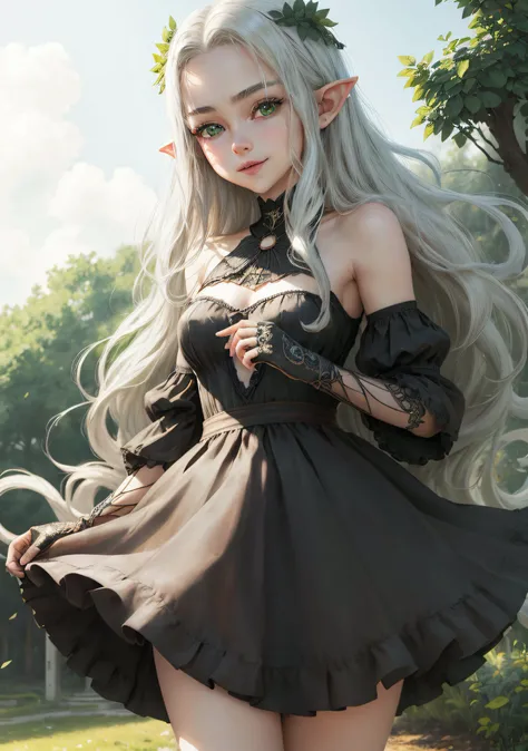 The elf stands and looks at the camera, A girl stands at a fair, green eyes and white hair, The wind lifts the skirt, You can see the underpants,  blue skies, Beautiful clear blue sky, green hairpins in the hair, skinny waist, Slender figure, Appearance of...