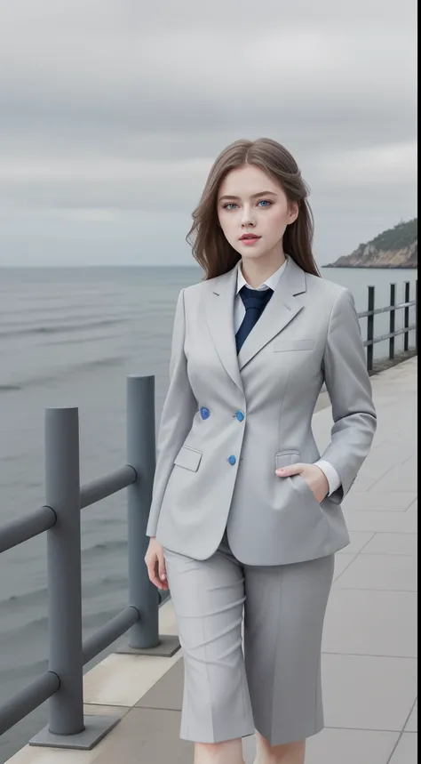 Masterpiece, Superb work, Daytime, Seaside, grey suit, 中景 the scene is，schoolgirl, Perfect woman, , grey blue eyes, Pale pink lips, Cold,  Intellectual face,