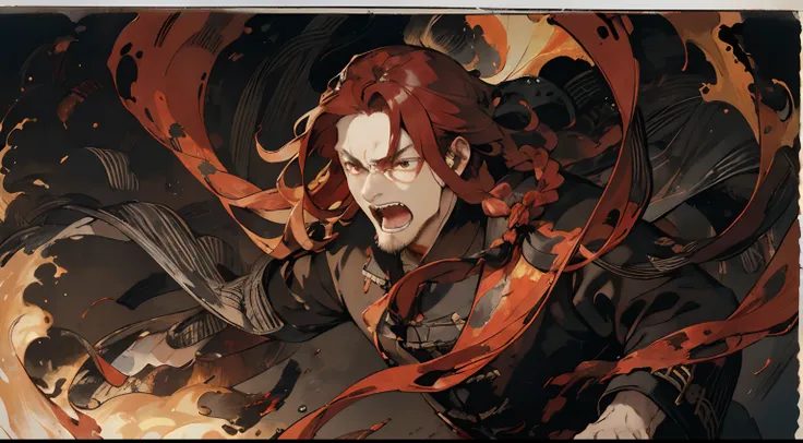 layered textures, Determined, Single Color, Calotype, Deeply Thoughtful slim Yuan Dynasty Young Man, Long Red hair styled as Side-swept braids, Offset print, Abstract Art, Oversaturated, Black Coat,Solemn, Yelling, Surrounded by Fire, Fire everywhere, 20 y...