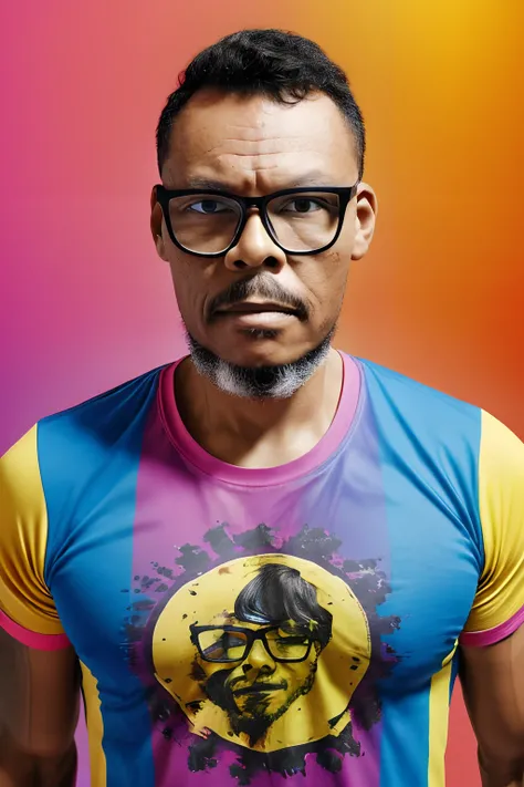 guttonerdvision10, a high-resolution 3x4 document-style portrait (8K). The image features a portrait from the chest up of a man wearing glasses. His face and clothes are speckled with colorful paint, Creating a creative and unique look. The man is looking ...