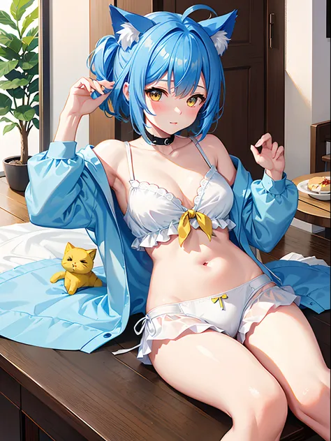 ((4K,masutepiece,Best Quality)), 1girl, cat ears, Beautiful light blue short hair,bangs pinned back,Ahoge,Colored inner hair, yellow eyes,Cute,blush Underwear visible, Sheer shirt