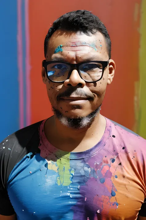 guttonerdvision10, a 3x4 document-style photograph. Portrait from the chest up of a man wearing glasses, with colorful paint splattered on his face and clothes, body and gaze facing the camera, dressed in a horizontally striped T-shirt with all 7 colors, v...