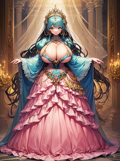 (masterpiece, best quality,extremely detailed:1.1),(moe anime art style:1.3),1 girl,((full body portrait)),standing in palace of versailles,((solo)),cute,kawaii,digital art,(((1 princess wearing gorgeous princess rococo ballgown with voluminous full length...