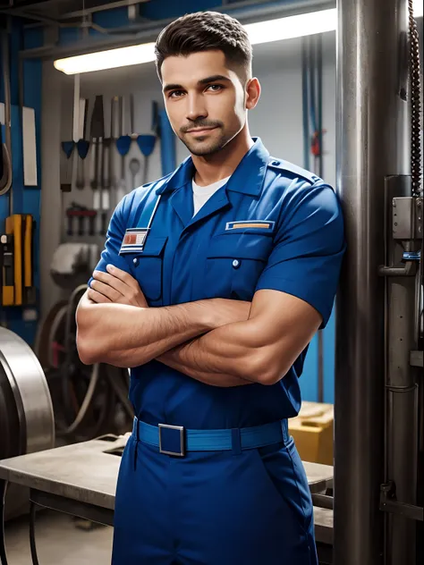 a mechanic wearing a blue uniform, Standing with arms crossed, sorriso discreto, em uma oficina moderna