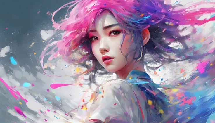 (Masterpiece, Best Quality, High Resolution), White Background, ((Paint Splash, Color Splash, Splash of Ink, Color Splash)), Sweet Chinese Girl, Rainbow Hair, Pink Lips, Front, Upper Body