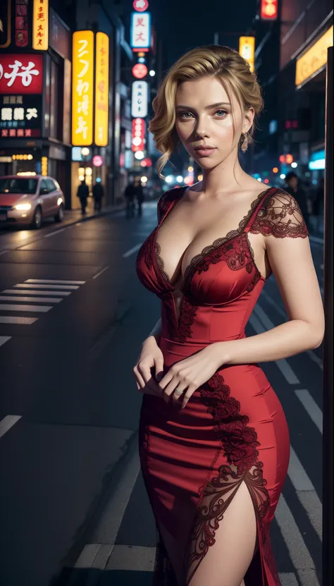 a hyper detailed. intricate design.  portrait of scarlett johansson 26 years old in a sexy sun dress on a busy street, realistic...