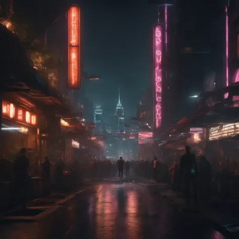 (best quality,4k,8k,highres,masterpiece:1.2), ultra-detailed, realistic, cyberpunk, dark hair, black eyes, cityscape, year 1, cyborgs, flickering lights, futuristic city, holographic billboards, neon signs, towering skyscrapers, advanced technology, flying...