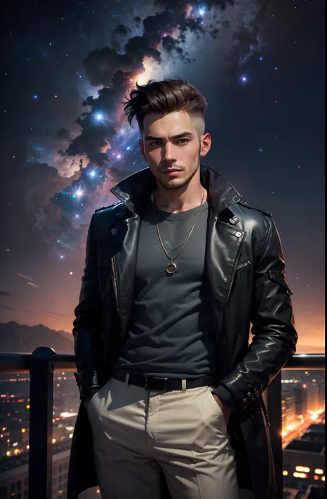 A cool man with a cool view of the galaxy behind , facing the camera