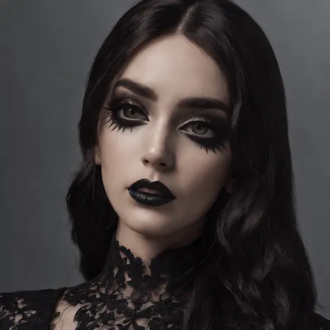 (melhor qualidade,Altas,ultra-detalhado),Dark and mysterious girl with black eyes and symbolic Gothic clothes,arame farpado cobrindo seu corpo,Cabelo castanho longo escuro,fios cinzentos nas extremidades,Retratos,foco nítido,profissional,Bokeh,dramatic lig...