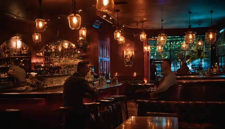 Musicians in classic vintage restaurant very elegant jazz style 8K cinematic neon lights in the background