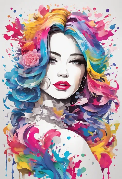 (Masterpiece, Best Quality, High Resolution), White Background, ((Paint Splash, Color Splash, Splash of Ink, Color Splash)), Sweet Chinese Girl, Rainbow Hair, Pink Lips, Front, Upper Body