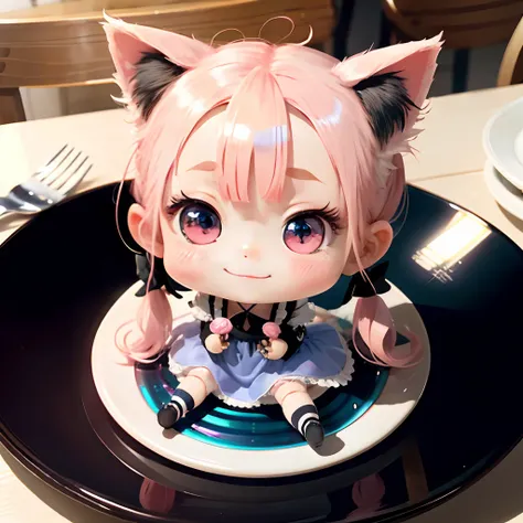 Cute chibi anime sitting on a plate, long pink hair with twin tails、I have cat ears、Wear a blue mini dress, Smiling, Logo is cheap、Iridescent colors、Heavily