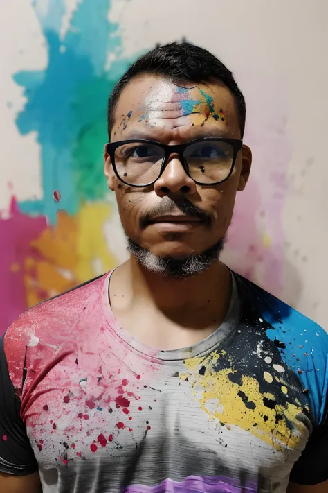 guttonerdvision10, a 3x4 document-style photograph. Portrait from the chest up of a man wearing glasses, with colorful paint splattered on his face and clothes, body and gaze facing the camera, dressed in a horizontally striped T-shirt with all 7 colors, v...