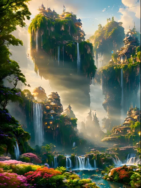 Science Fiction, Cities stempunk futuristic design large city, a artificial waterfall and a pond with colorful flowers in the middle, nature meets forest architecture, built inside dark forest, real nature, realistic image, steampunk technology, steampunk ...